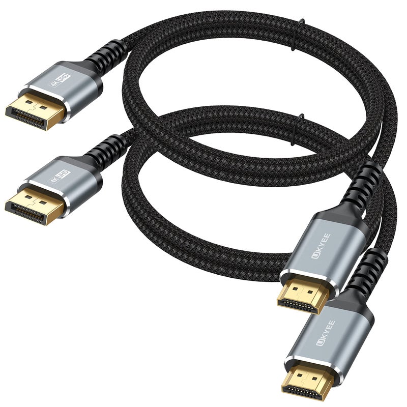 UKYEE 4K DisplayPort to HDMI Cable 6ft 2-Pack, Display Port DP to HDMI Cord 6 feet 3840 X 2160P Male to Male for for Labtop PCs to HDTV, Monitor, Projector with HDMI Port- Gray - Image 1